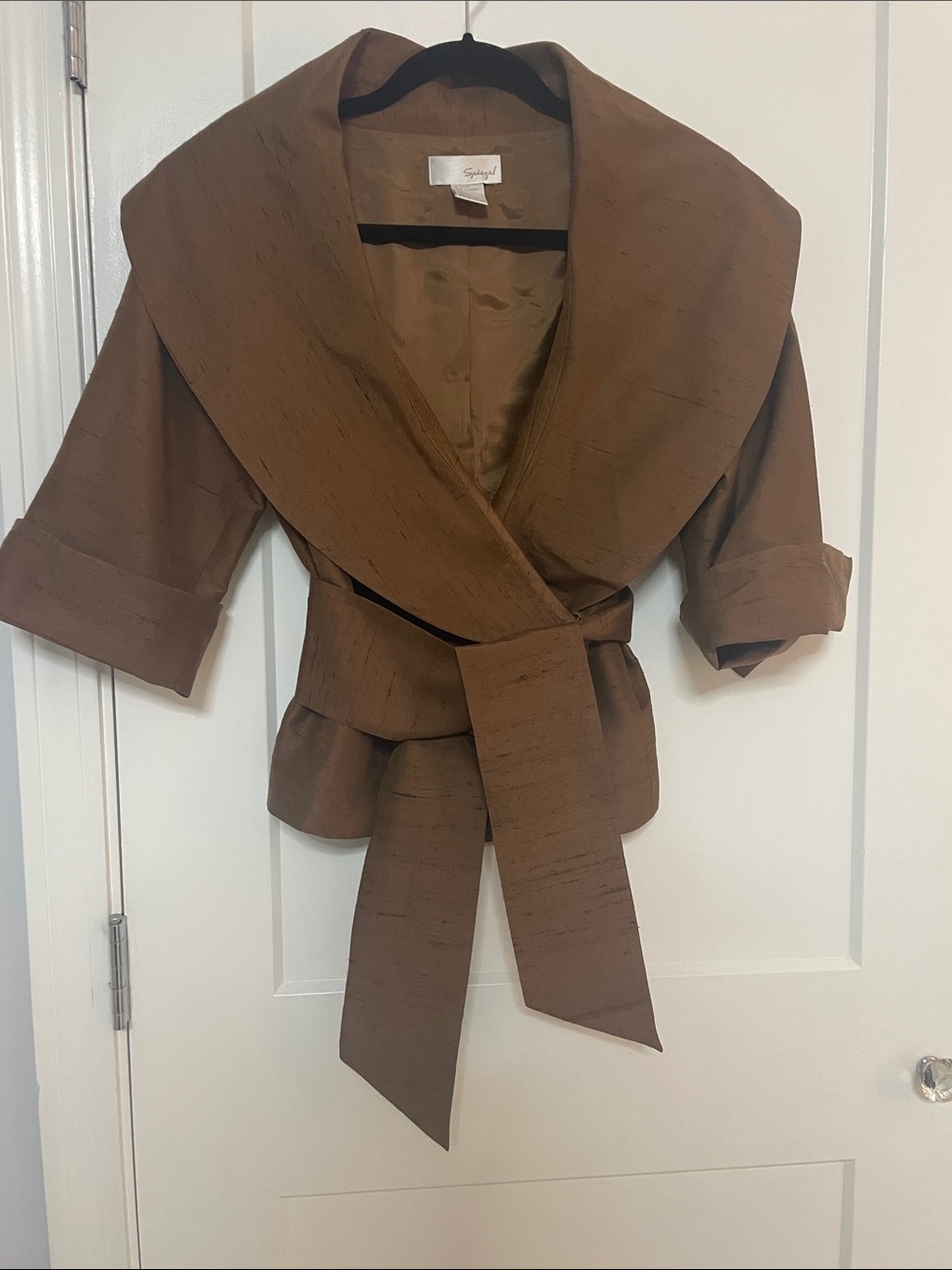 Structured Brown Wrap Blazer with Wide Shawl Collar